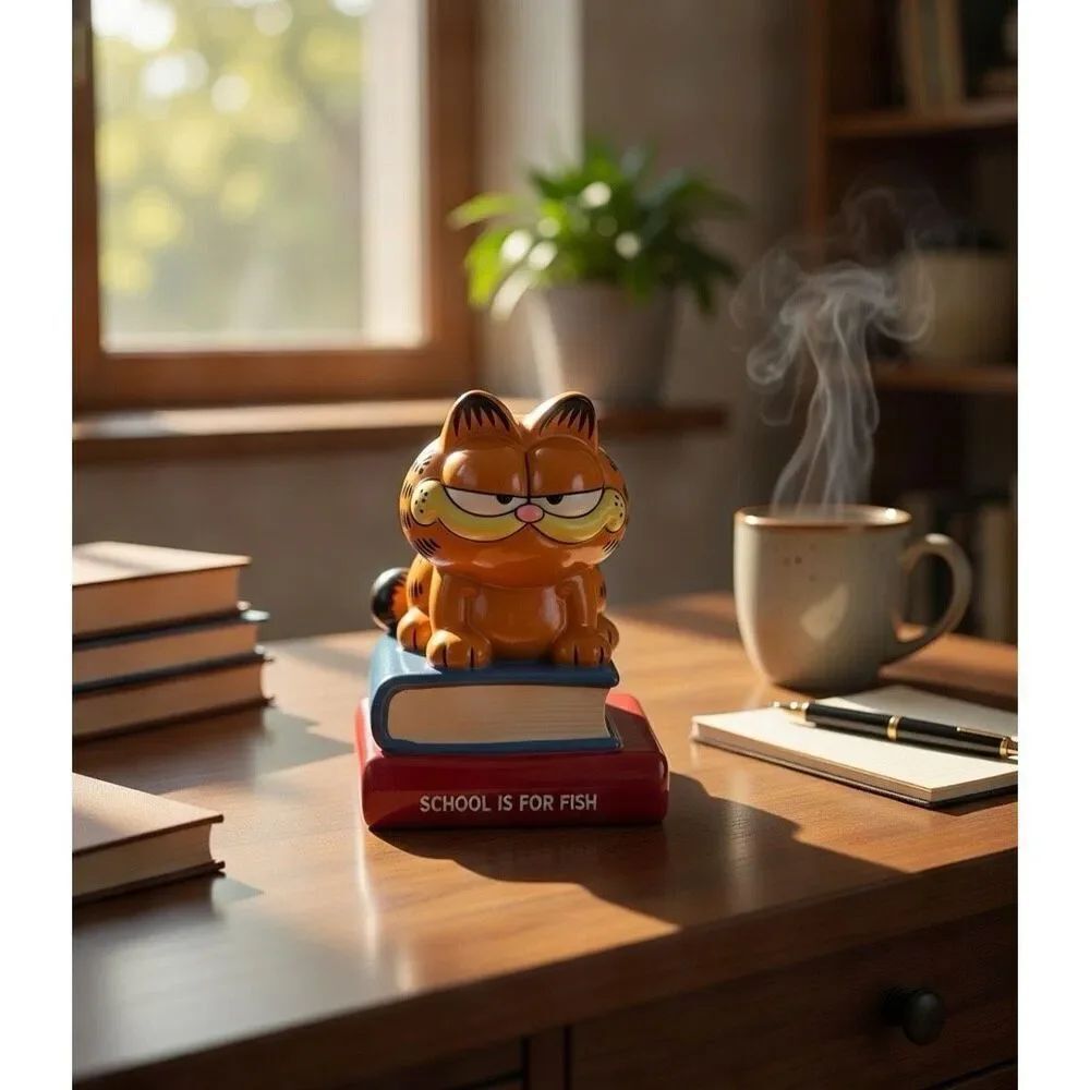 1981 Enesco Garfield Ceramic Figure Sitting On Books School is for Fish